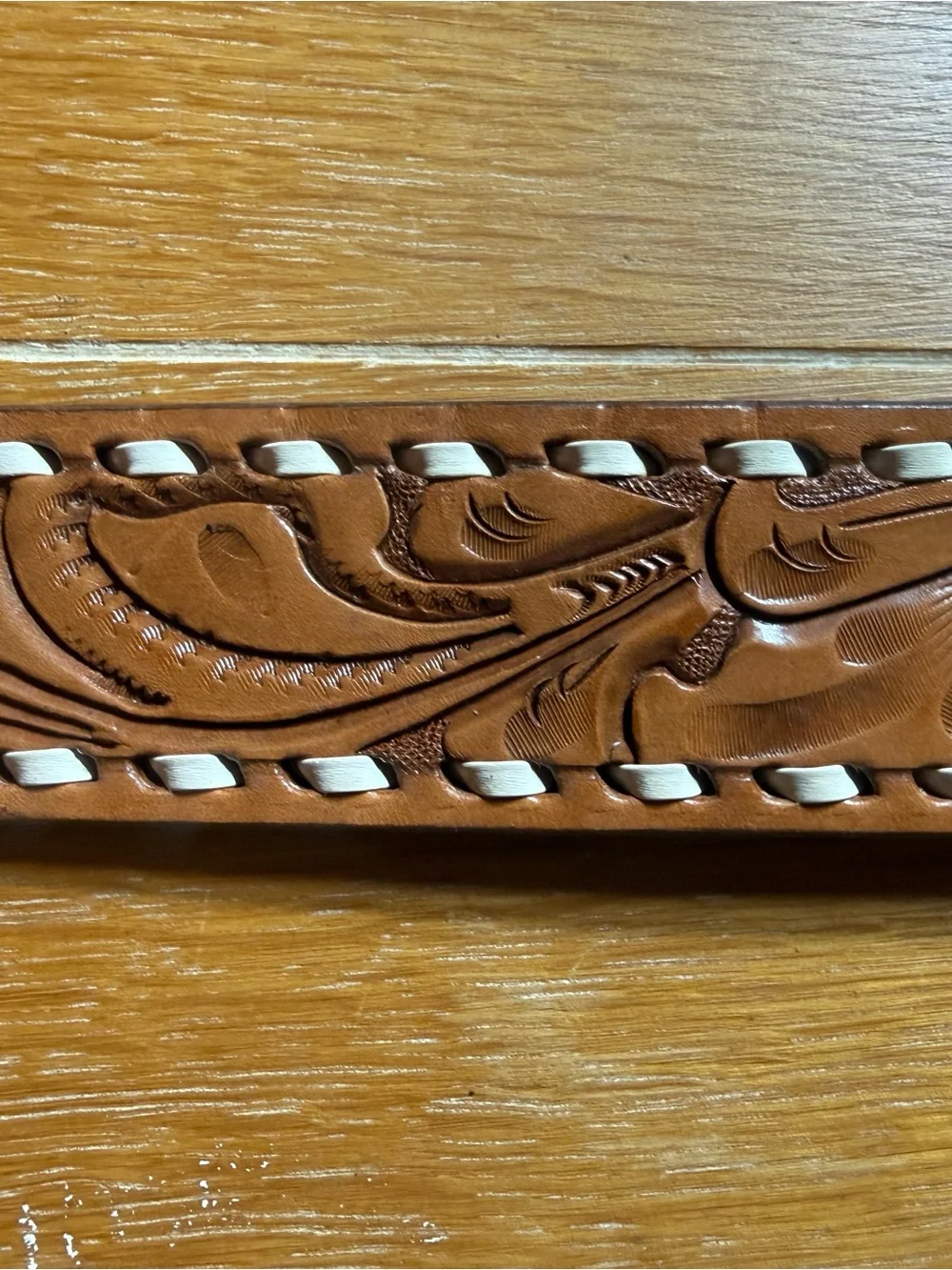 Justin Boots Tan Leather Handtooled Belt with White Lacing with name Jack